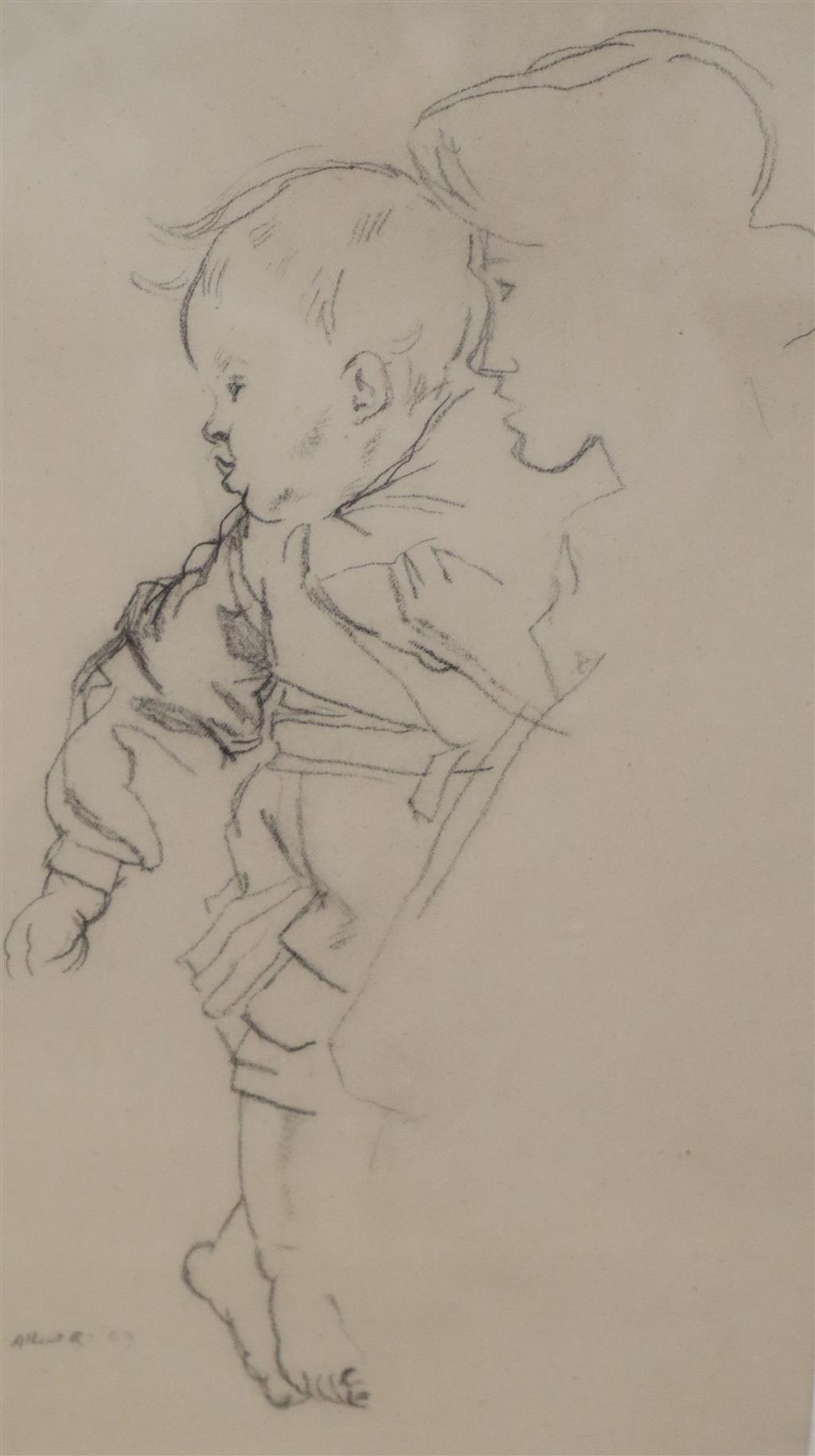 Albert R., pencil on paper, Study of a Japanese mother and child, signed and dated 09, 32 x 17.5cm